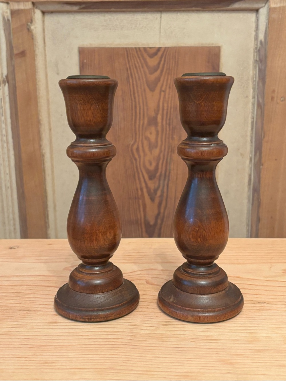 Vintage Wooden Candlestick Pair with Brass Inserts on the Top